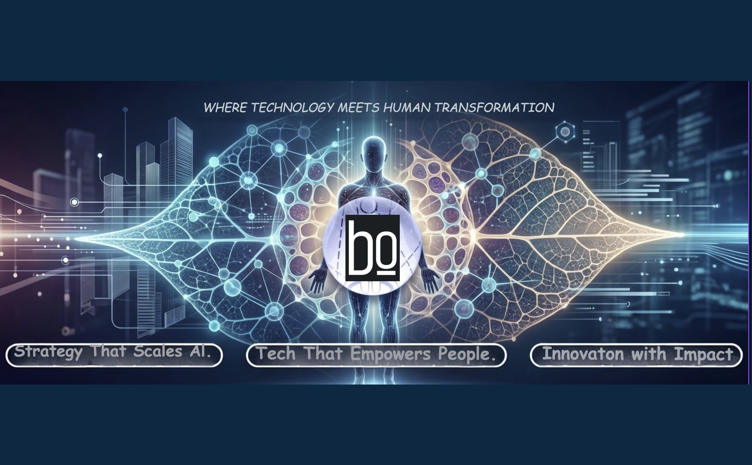 Architected Evolution framework diagram by Bueno Advisory showing the intersection of living systems philosophy, agentic AI technology flows, and organizational design represented by a digital human silhouette and cellular structure