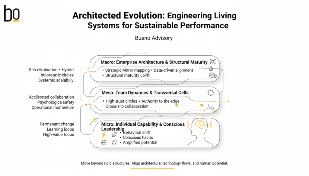 Conceptual poster in Bueno Advisory colors showing three nested levels—Macro, Meso, Micro—with yellow flow lines and movable circular nodes, plus an abstract human silhouette, illustrating alignment of enterprise architecture, transversal cells, and conscious leadership.