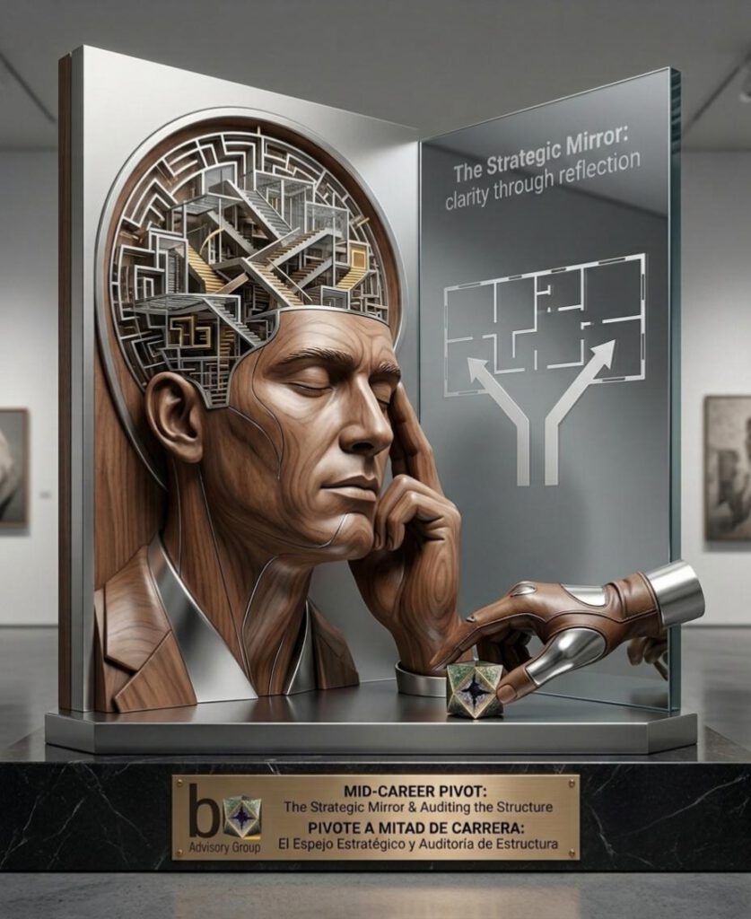 Un busto de madera esculpido de un hombre de mediana edad con un cerebro de laberinto mecánico, reflejándose en un espejo táctico en una galería de arte con una placa que dice "MID-CAREER PIVOT" y "The Strategic Mirror".