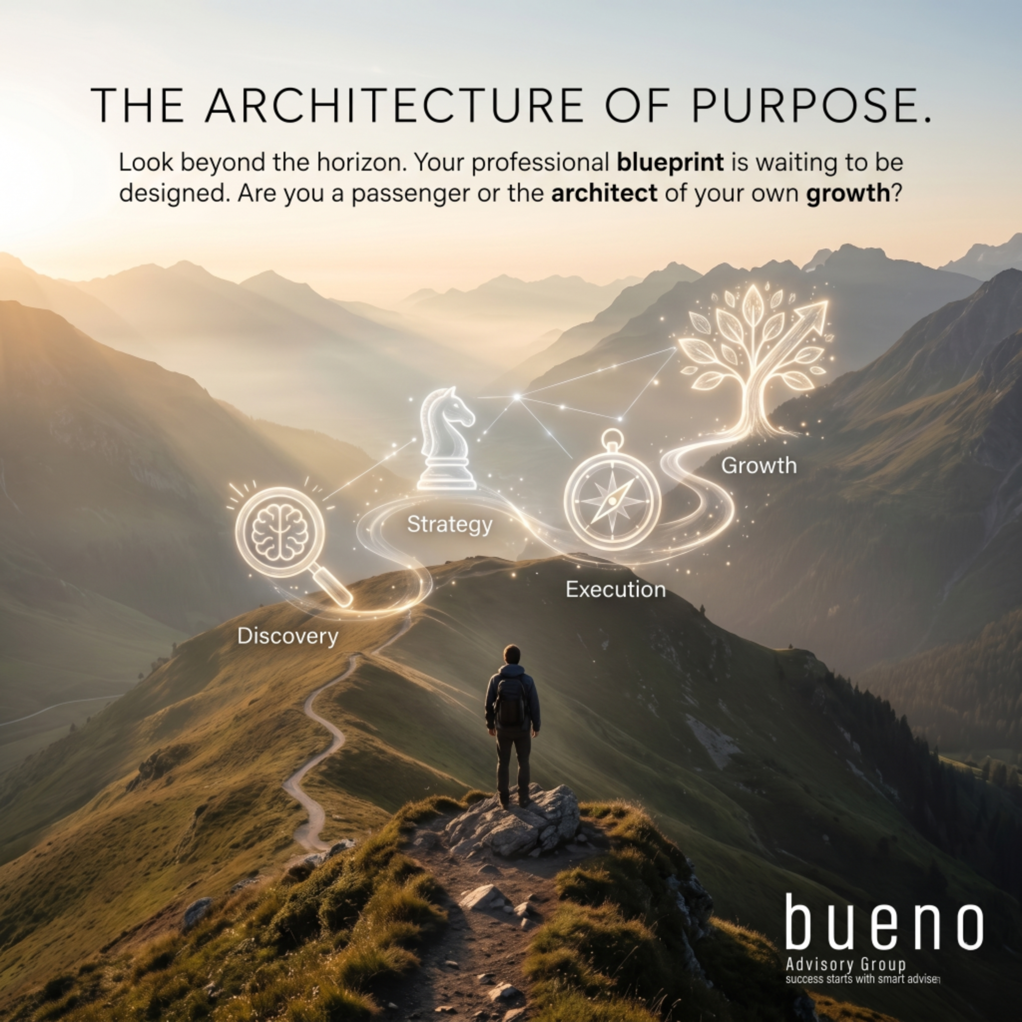 THE ARCHITECTURE OF PURPOSE A person standing on a mountain looking at a glowing path that illustrates the Bueno Advisory Group Career Blueprint methodology: Discovery, Strategy, Execution, and Growth.